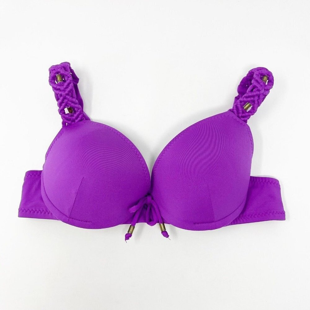 Becca Purple Bikini Top Size Medium Crochet Braided Straps